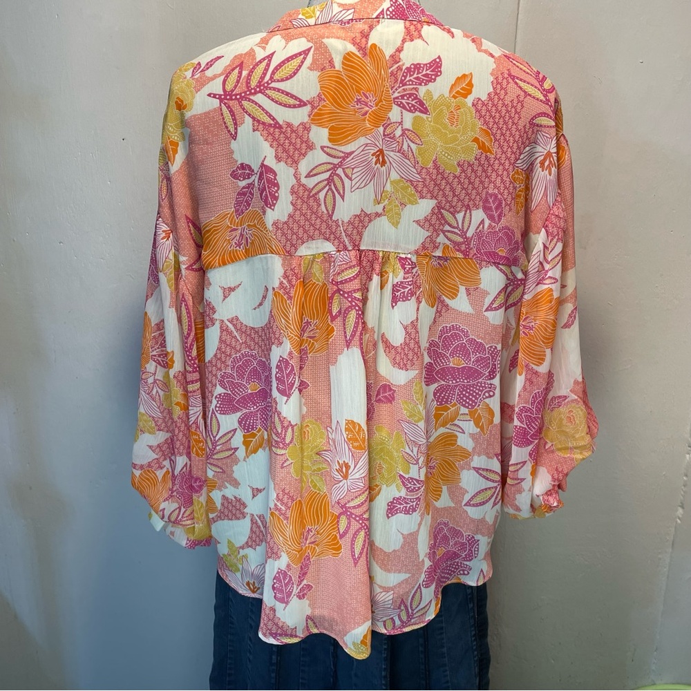 #0238 Fate-Pink & Orange Blouse Vibrant Top Front Buttons Puff Sleeves-S - Picture 4 of 7